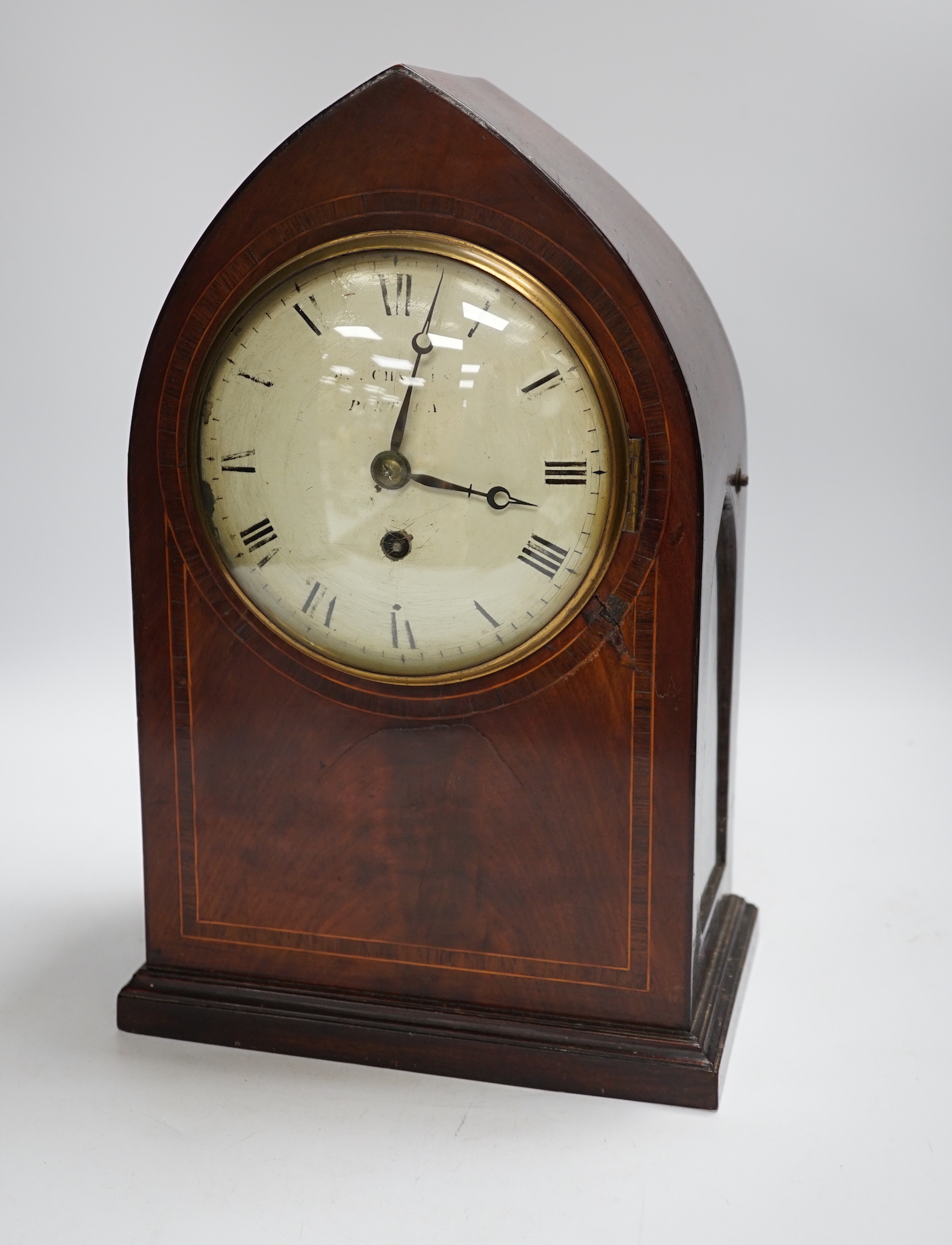 An early 19th century mahogany cased lancet bracket timepiece, single fusee movement, 37.5cm (a.f.)